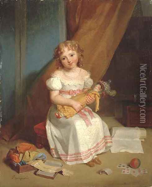 Portrait of a young girl, full-length, in a nursery holding a doll with cards, a ball, and ribbons Oil Painting - Jean Augustin Franquelin