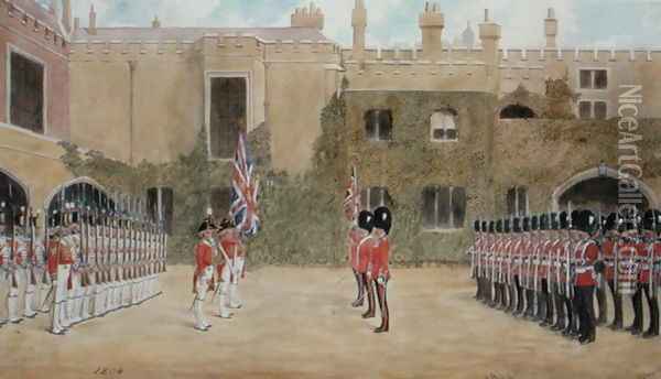 Grenadier Guards Relieving Guard at St. Jamess - The Old Guard of 1804 and the New Guard of 1904 Oil Painting - Richard Simkin