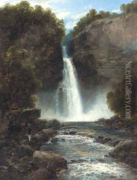 A figure by a waterfall Oil Painting - John Brandon Smith