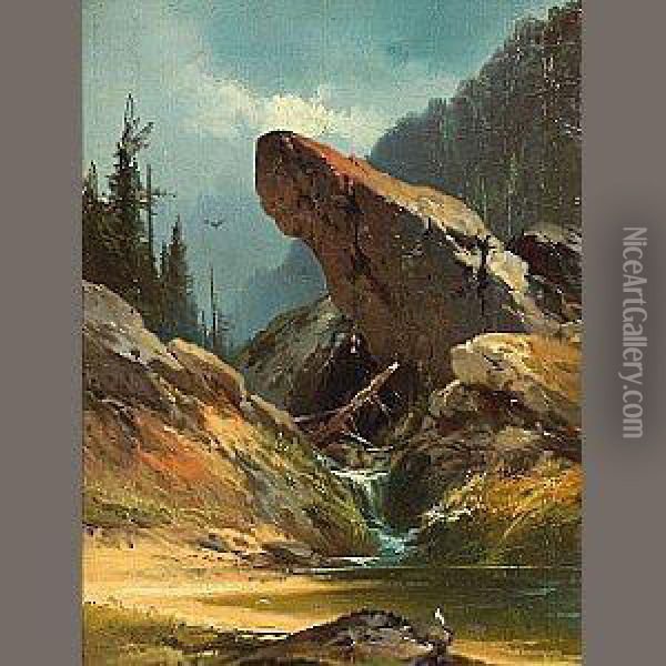 A Rocky Pinnacle Above A Stream Oil Painting - Andrew Melrose
