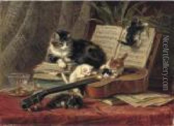 Playing The Guitar Oil Painting - Henriette Ronner-Knip