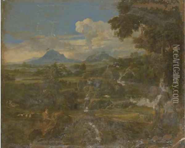 A classical landscape with a figure by a rock Oil Painting - Johannes (Polidoro) Glauber