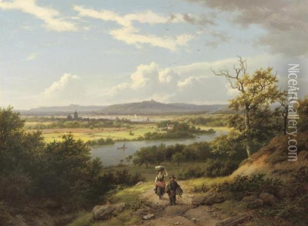 A Panoramic River Landscape With Villagers On A Hilltop Oil Painting - Barend Cornelis Koekkoek