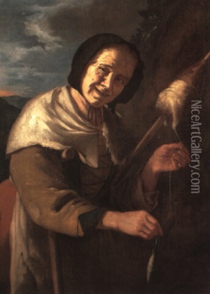 An Old Woman Spinning Wool Oil Painting - Giacomo Francesco Cipper