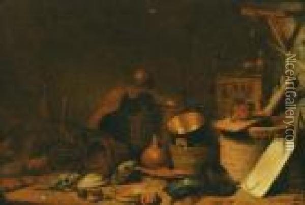 A Kitchen Interior With A Well, Pots, Pans And Baskets Oil Painting - Cornelis Saftleven
