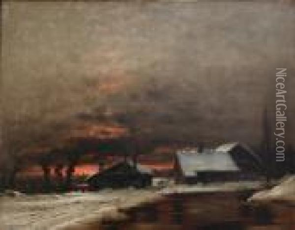 Snowy Landscape With Cottages Near A River At Dusk Oil Painting - Nils Hans Christiansen