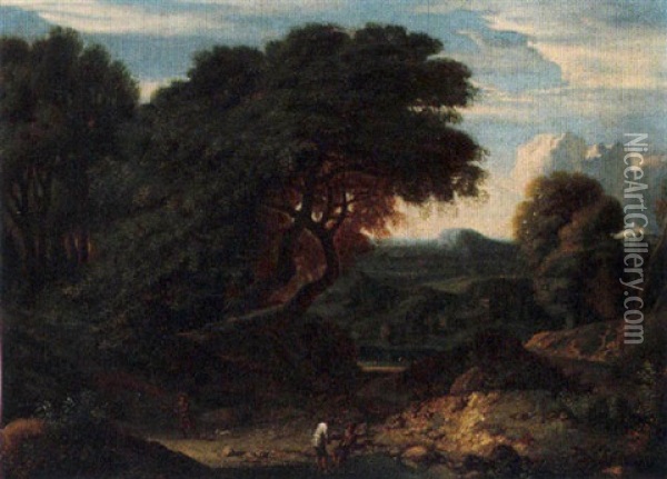 A Wooded Landscape With Shepherds Resting Near A Hill Oil Painting - Cornelis Huysmans