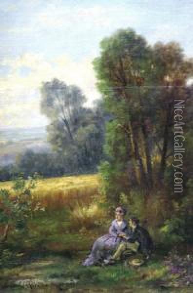 Courting Couple In A Pastoral Landscape Oil Painting - Leopold Rivers