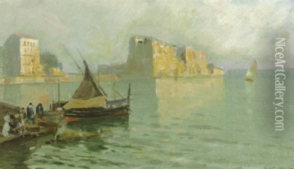 A Neapolitan Coastal Scene With A Fishing Boat And Figures In A Quay In The Foreground Oil Painting - Lazzaro Pasini