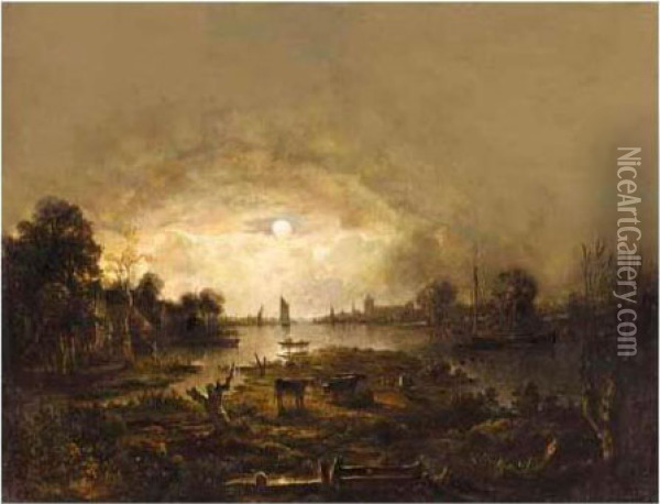 A River Landscape By Moonlight With Cattle In The Foreground And Shipping Beyond Oil Painting - Aert van der Neer