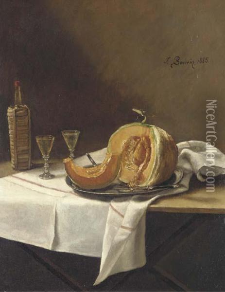 Nature Morte Avec Un Melon, Une Bouteille De Vin Et Un Verre Surune Table Oil Painting - Francois Bonvin