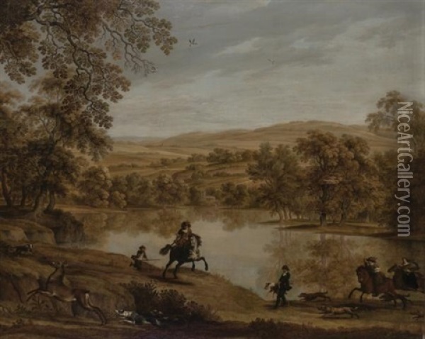 A Stag Hunt Beside A Lake Oil Painting - Alexander Keirincx
