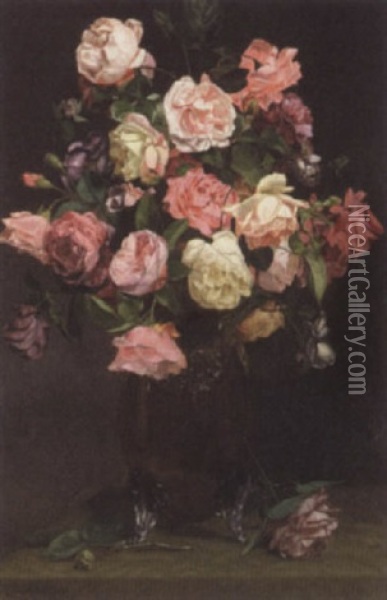 Still Life With Pink Roses Oil Painting - Edomond Alphonse Charles Lambrichs
