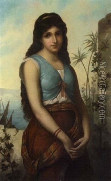 Portrait Of A Girl With A Tambourine Against A Coastal Landscape Oil Painting - Anton Brentano