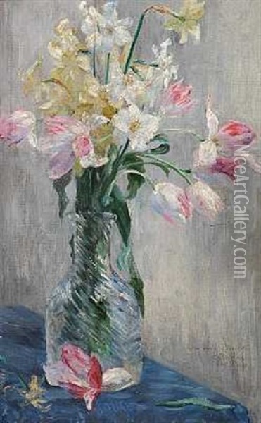 Tulipaner Og Liljer I En Glasvase Oil Painting - Marie Louise Catherine Breslau