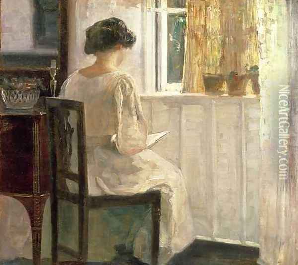 Girl Reading in a Sunlit Room Oil Painting - Carl Vilhelm Holsoe