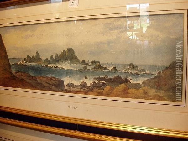 Coastal Scenes, Corbiere Rocks And Corbiere Cottages Oil Painting - C H Martin
