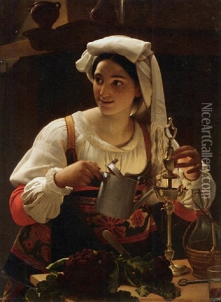 A Young Maiden Filling An Oil Lamp Oil Painting - Jean Baptist Lodewyck (Maes-Canini) Maes