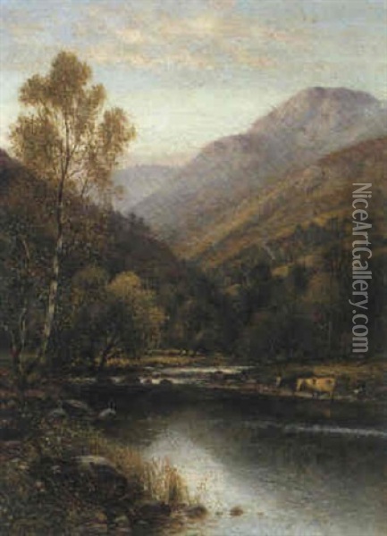 Cattle Watering In A Highland Valley Oil Painting - Alfred Augustus Glendening Sr.