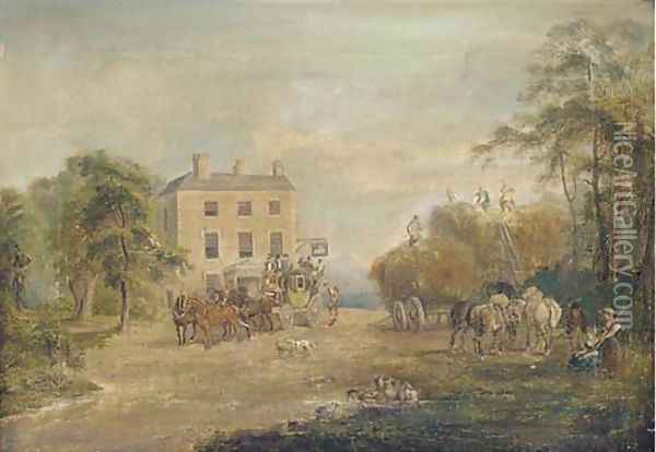 Harvesters and travellers outside the Swan Inn Oil Painting - English School