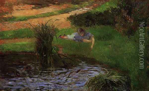 Pond With Ducks Aka Girl Amusing Herself Oil Painting - Paul Gauguin