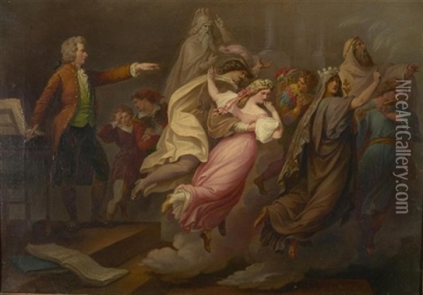 Mozart Gibt Seine Opern Don Giovanni Und Die Zauberflote Der Menschheit Oil Painting - Carl (Karl) Joseph Geiger