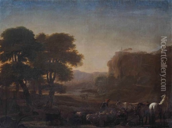 A View Of The Roman Campagna With Shepherds Resting With Their Herd, A Village On A Rocky Riverbank Beyond Oil Painting - Pieter Jacobsz. van Laer