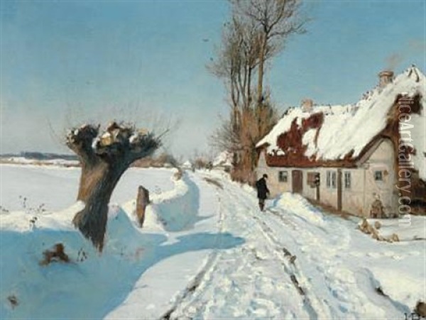 A Talk By The Street Door On A Sunny Winter Day Oil Painting - Hans Andersen Brendekilde