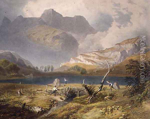 Langdale Pikes, detail of the tarn, from The English Lake District, 1853 Oil Painting - James Baker Pyne