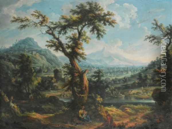A View Of The Susa Valley, Piedmont, With A Shepherd And A Mother And Child In The Foreground, Other Figures In A Boat And On The Bank Of A River Beyond Oil Painting - Scipione Cignaroli