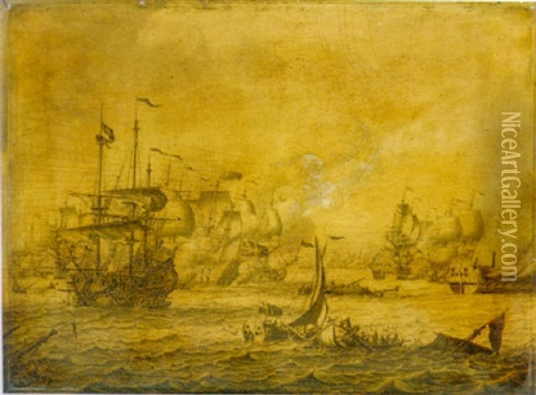 A Naval Engagement Between English And Dutch Men-of-war Oil Painting - Adriaen Van Salm
