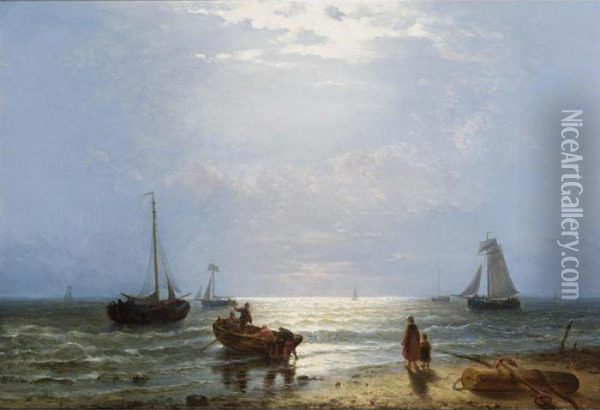 A Coastal Scene With Fisherfolk And Sailing Vessels Oil Painting - George Willem Opdenhoff