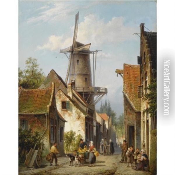 Figures In The Streets Of A Dutch Town Oil Painting - Cornelis Christiaan Dommelshuizen