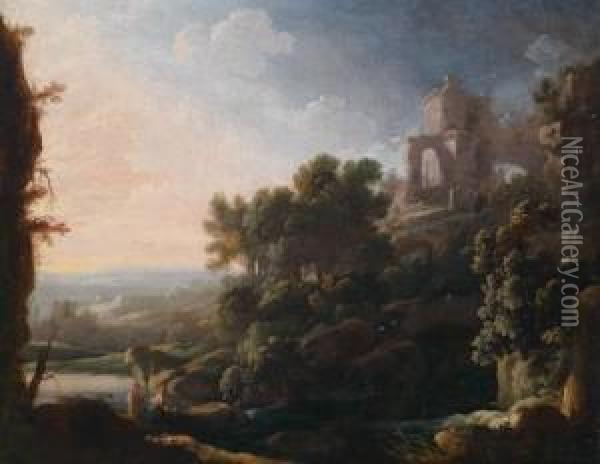 Sudliche Landschaft Mithochgelegenen Ruinen Und Wanderern Oil Painting - Pierre-Antoine Patel