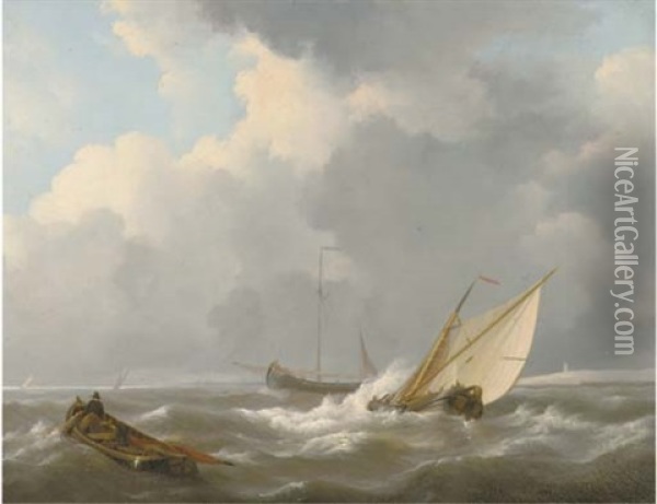 Shipping In A Brisk Wind Oil Painting - Johannes Christiaan Schotel