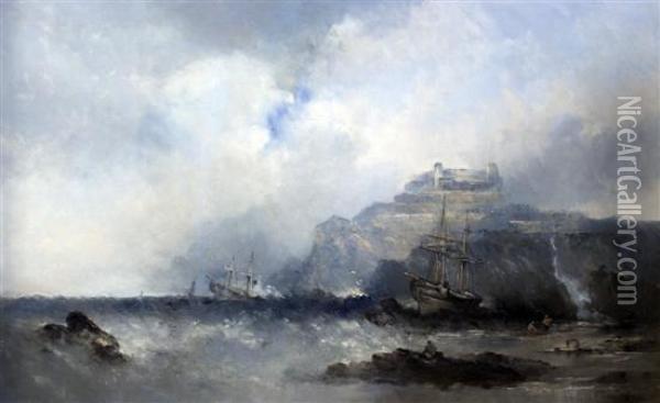 Bamburgh Castle With Ships Wrecking On The Shore Oil Painting - William McAlpine