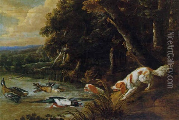 Epagneuls, Canard Et Colverts Sur Fond De Paysage Oil Painting - Pieter Boel