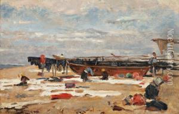 Vista De Praia Com Barcos E Mulheres Oil Painting - Marques De Oliveira