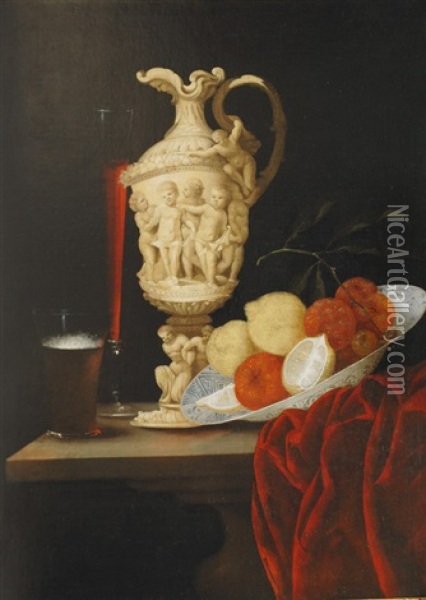 Still Life With Carved Ivory Ewer Oil Painting - Georg Hainz