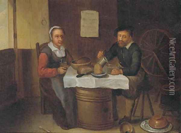 An elderly couple eating and drinking in a tavern Oil Painting - David Ryckaert III