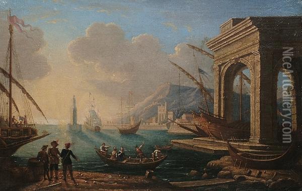 A Seaport With Figures Conversing In The Foreground Oil Painting - Claude Lorrain (Gellee)