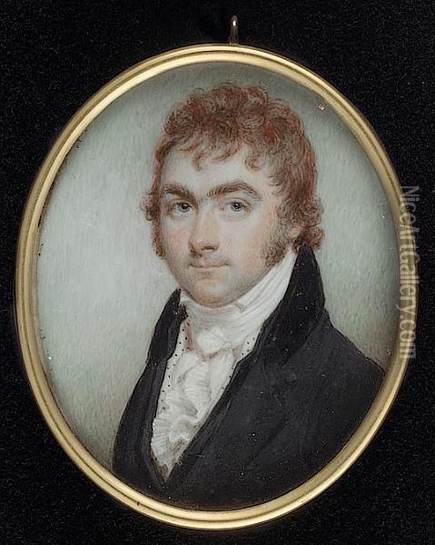 A Gentleman, With Red Hair, Wearing Dark Grey Coat With Black Collar, Matching Waistcoat With White And Black Spotted Lining, Frilled Shirt And Cravat Oil Painting - Edward Burch