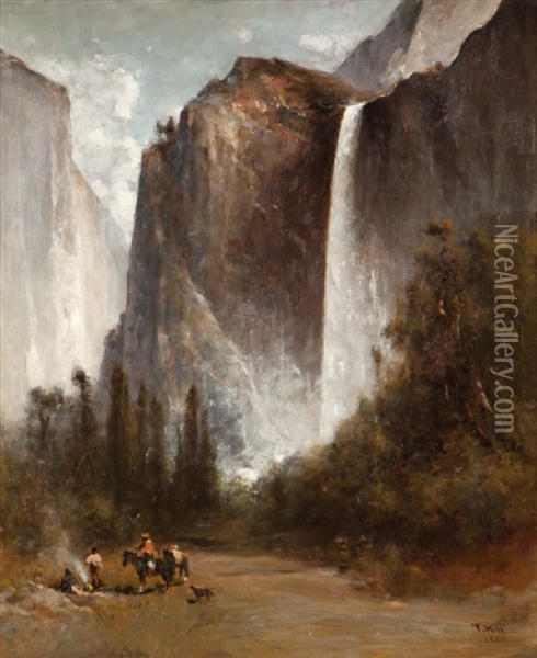 Indians At A Campfire Near The Base Of Bridal Veil Falls, Yosemite Oil Painting - Thomas Hill