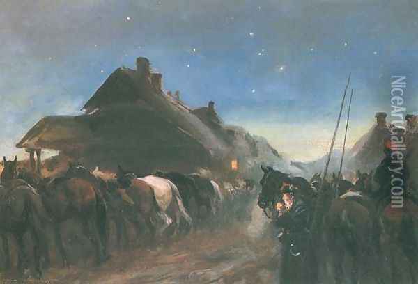 Insurgents at Night's Rest Oil Painting - Jozef Chelmonski