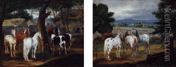 A Wooded Landscape With Horses And Figures In A French Military Encampment Oil Painting - Adam Frans van der Meulen