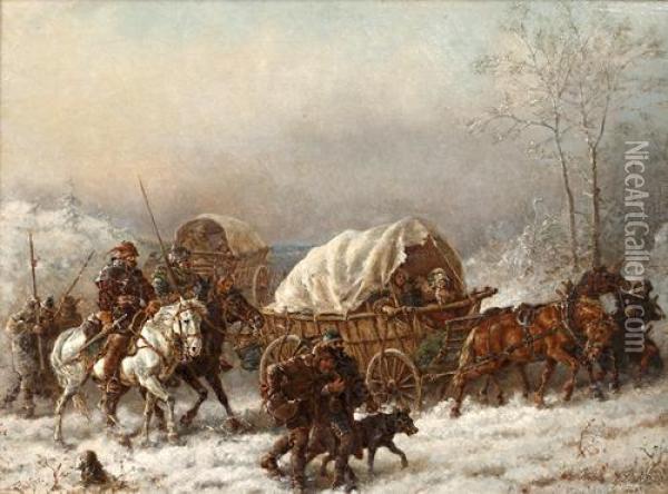 Winter Scene, With Refugee Train In The Snow Oil Painting - Friedrich Kaiser