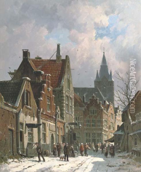 A Busy Street In Delft In Winter Oil Painting - Adrianus Eversen