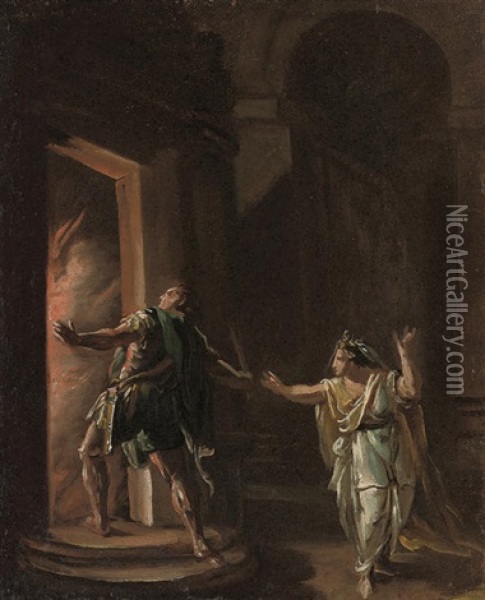 Aeneas With His Wife In Burning Troy Oil Painting - Felice Giani