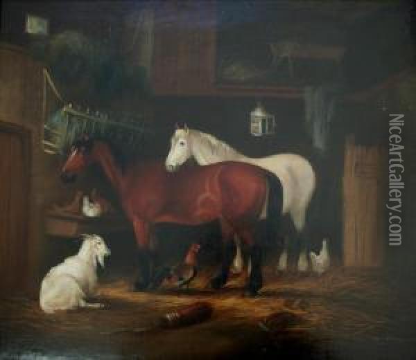 Horses With A Goat And Poultry In A Barn Oil Painting - James Thomas Wheeler