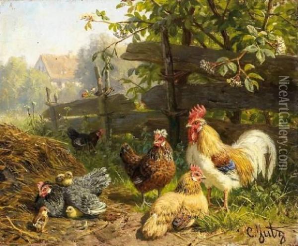 Poultry By The Fence Oil Painting - Carl, Jutz Jnr.